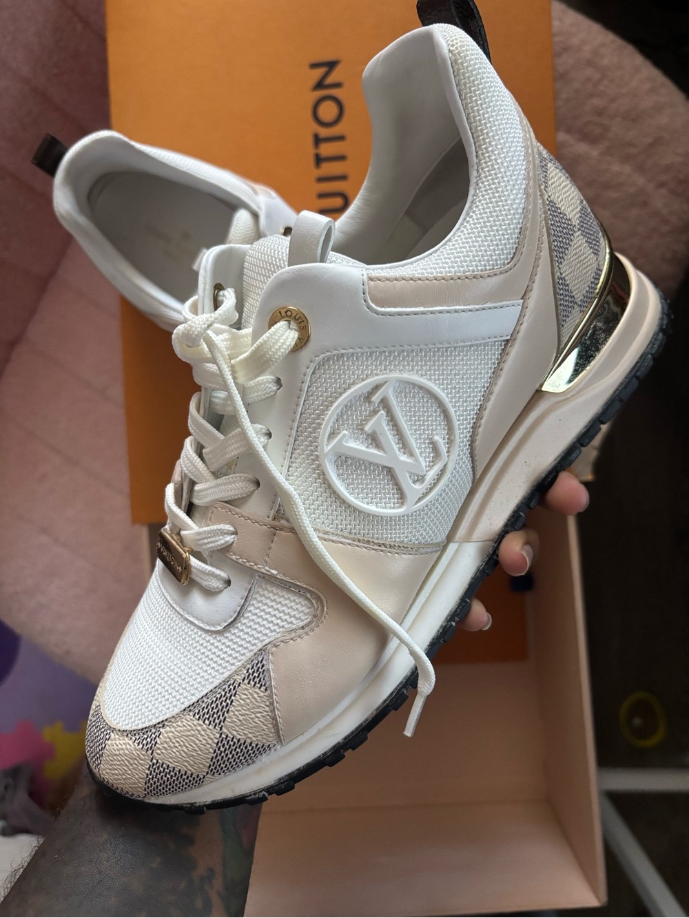 Louis Vuitton White & Beige Damier Run Away Sneakers - Picture 3 of 11